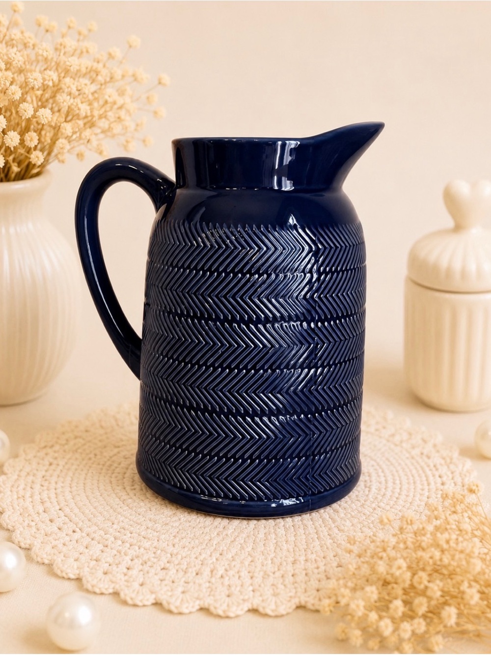 Textured Ceramic Pitcher in Deep Navy Blue